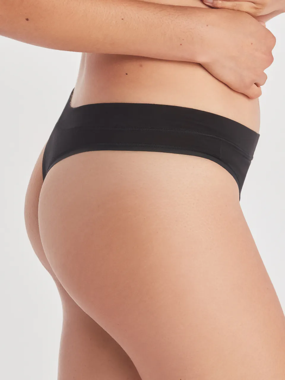 side of women's underwear on model