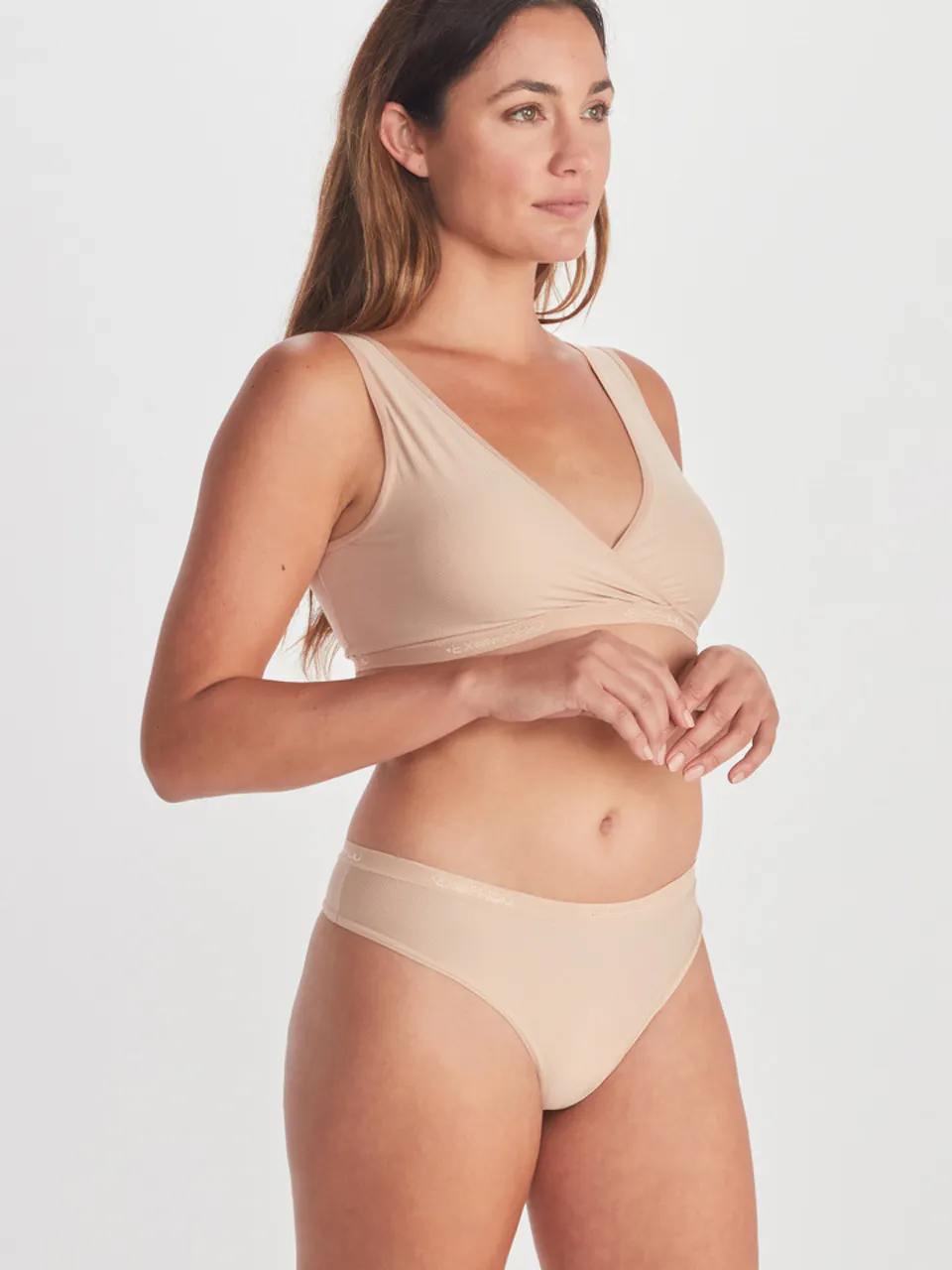 side of women's brief and bra on model