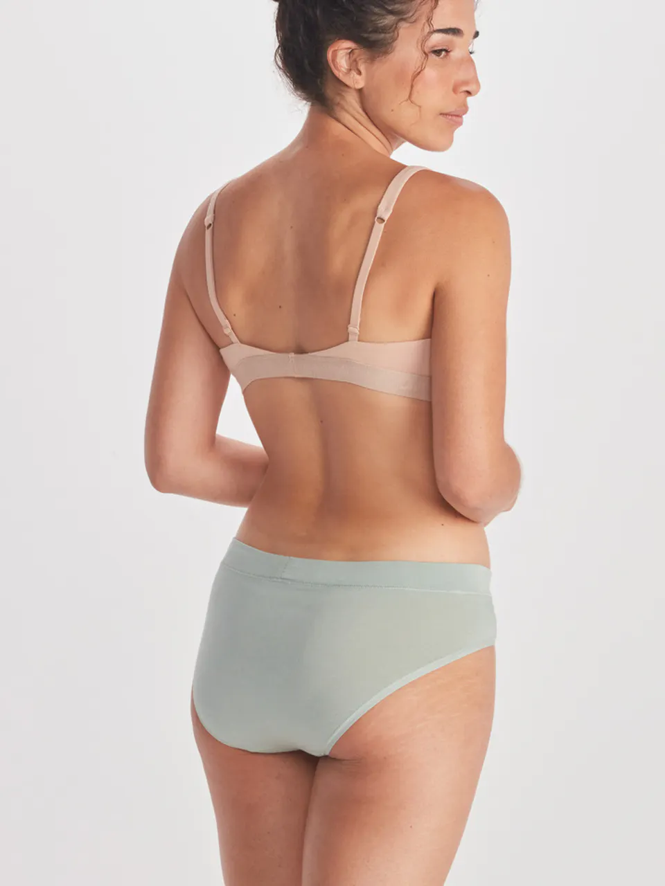 back of women's bra and panty set on model